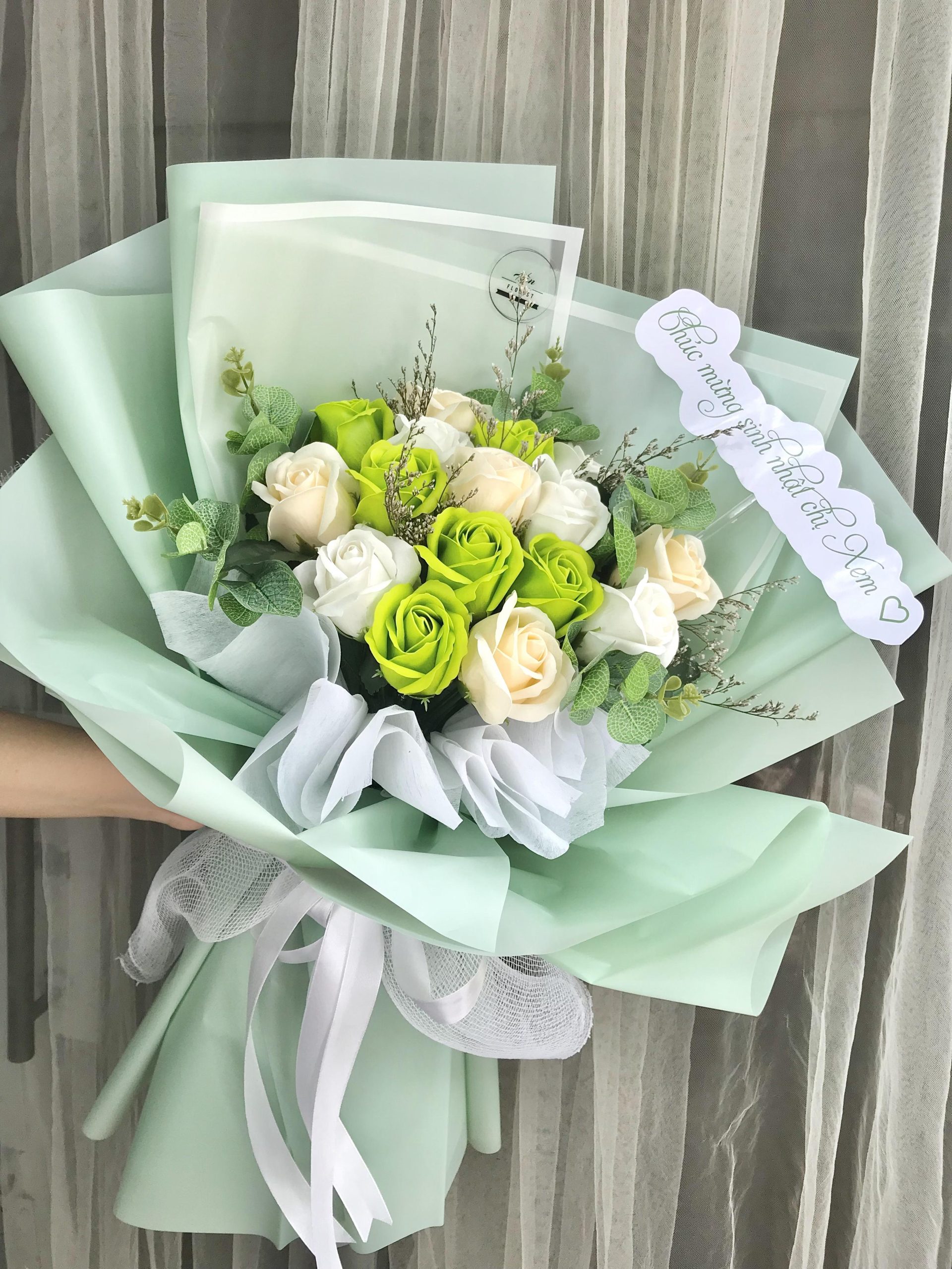 bó 16 hoa sáp xanh lá kem bó 16 hoa sáp xanh lá kem