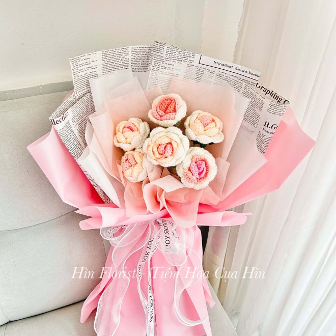 bó 6 hoa len hồng trắng