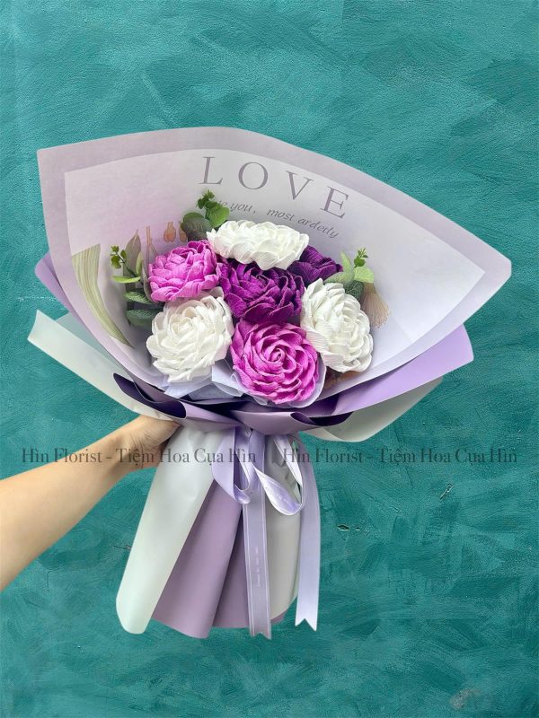 Bó 7 hoa giấy tím trắng