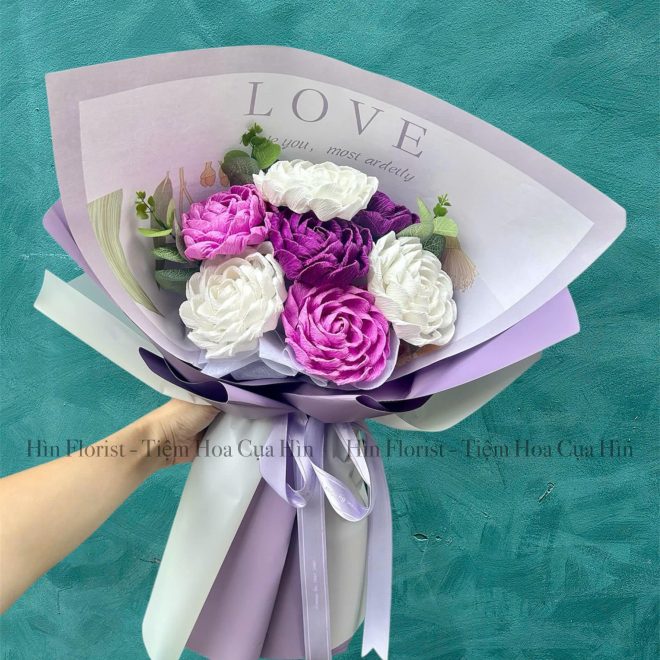 Bó 7 hoa giấy tím trắng