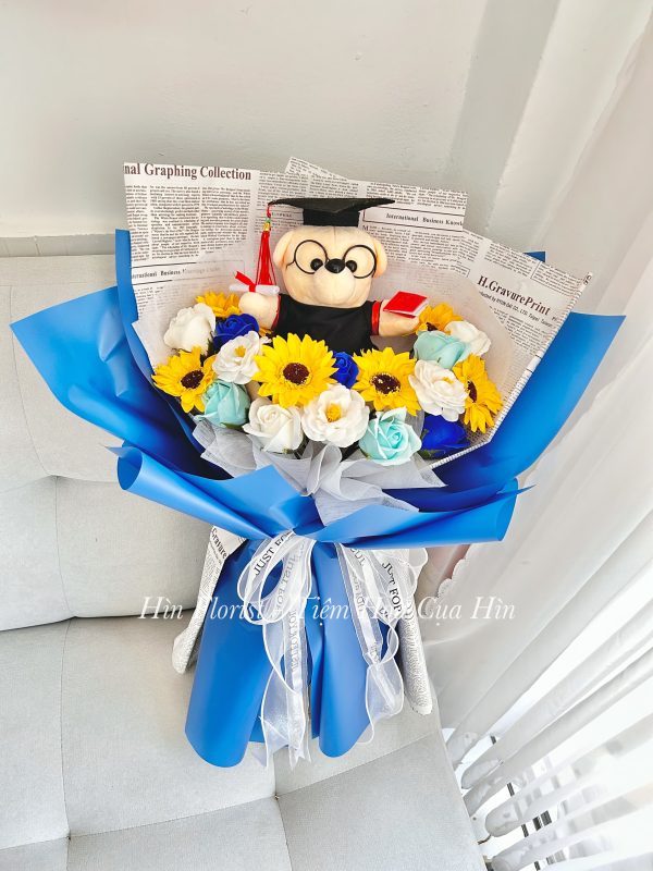 Hoa hướng dương sáp kèm gấu