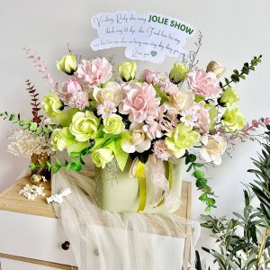lẵng hoa sáp xanh hồng nhạt