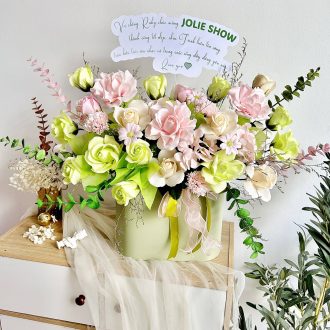 lẵng hoa sáp xanh hồng nhạt
