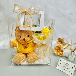 set quà hoa sáp gấu teddy vàng