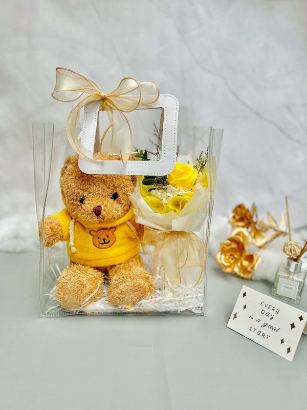 set quà hoa sáp gấu teddy vàng